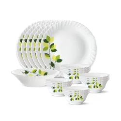 Larah by Borosil 19 Pieces Green Leaves Opalware Dinner Set for Family of 6