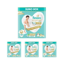 Pampers Premium Care Pant Style Baby Diapers XL 144 Count | No Marks Design | Voted India’s #1 Softest Diaper | All in 1 diaper with 360 Cottony Softness (Pack of 4)
