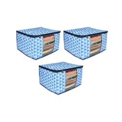 PrettyKrafts 3 layered non-woven Quilted saree Cover Bag/wardrobe organizer with transparent window (Pack of 3), Trio Blue