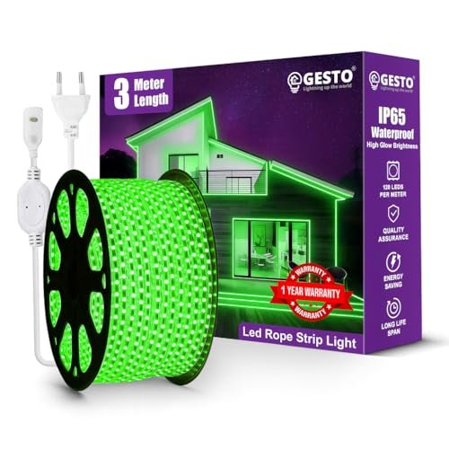 Gesto 3 Meter Rope LED Strip Lights | 120 LED/Mtr Waterproof Outdoor Lights for Balcony, Home Decor, Cove Light for False Ceiling | Flexible, Cuttable Strip Light for Diwali Decoration - Green