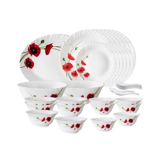 Larah by Borosil Red Carnation Opalware Dinner Set, 33-Pieces, White