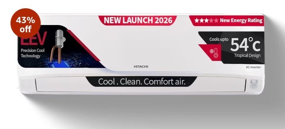 Hitachi Smart Choice 2 Ton 3 Star, New Star rated, Inverter Split AC (Copper, 4 Way Swing, Ice Clean, EEV Precision- Higher