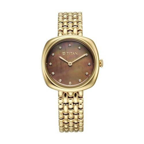 Titan Aura Phase Quartz Analog Brown Dial Golden Stainless Steel Strap Watch for Women-95241YM01