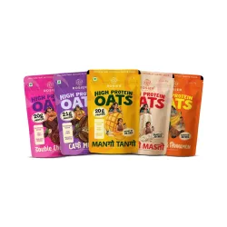 ROSIER High Protein Oats Assorted Pack | 21g Protein | Banana Cinnamon, Cafe Mocha, Double Chocolate, Kulfi & Mango | Instant Healthy Breakfast | 5 x 77g Ready-to-Eat Pouches