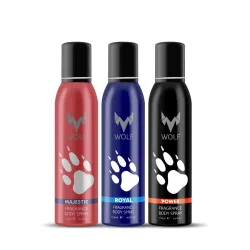 Wolf Majestic, Royal & Power Pack of 3 - No Gas Perfumed Bodyspray for Men- 120 ml*3